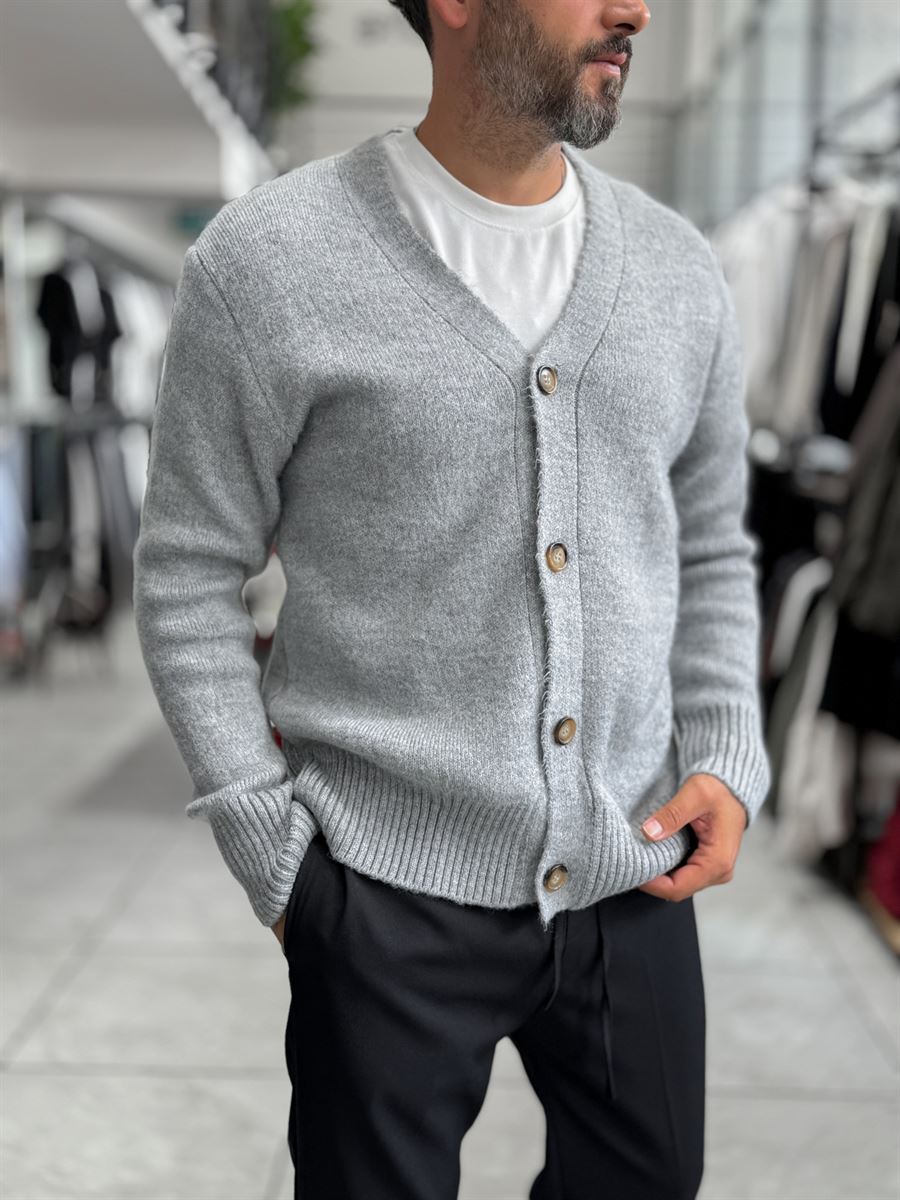 Gray V-Neck Button-Up Knit Sweatshirt MRK-2606