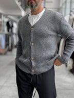 Charcoal V-Neck Button-Up Knit Sweatshirt MRK-2606