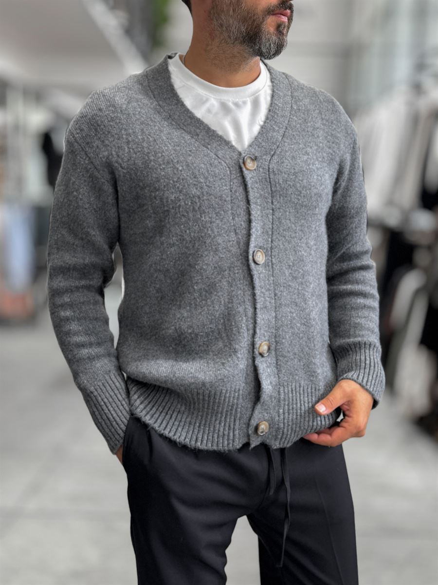Charcoal V-Neck Button-Up Knit Sweatshirt MRK-2606