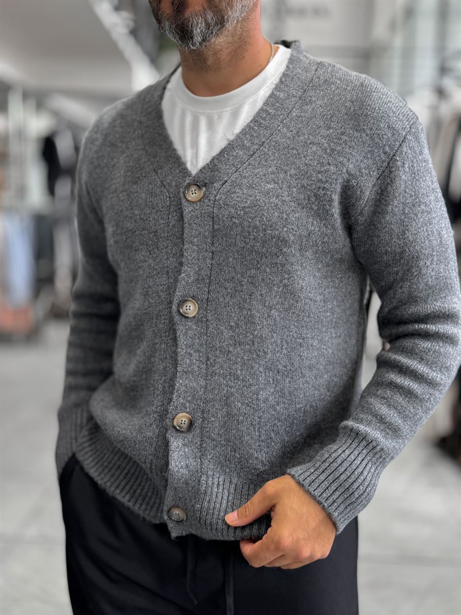 Charcoal V-Neck Button-Up Knit Sweatshirt MRK-2606