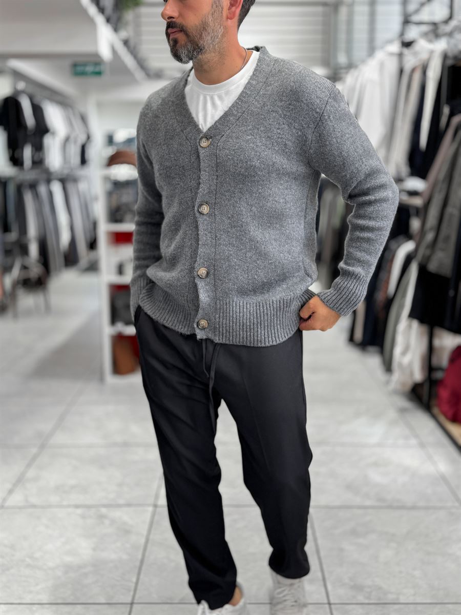 Charcoal V-Neck Button-Up Knit Sweatshirt MRK-2606