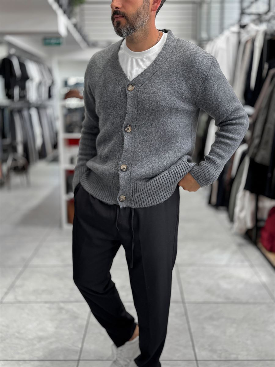 Charcoal V-Neck Button-Up Knit Sweatshirt MRK-2606