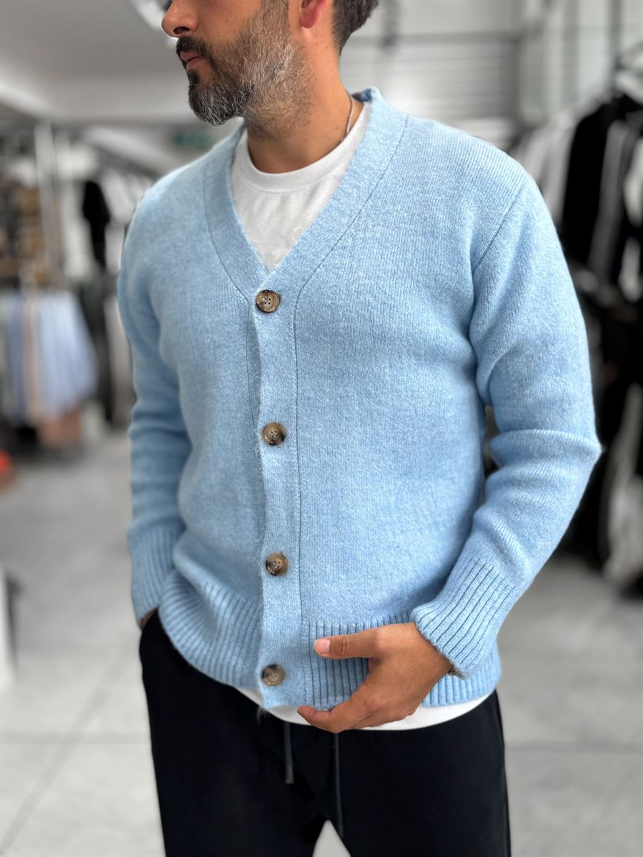 Light Blue V-Neck Button-Up Knit Sweatshirt MRK-2606