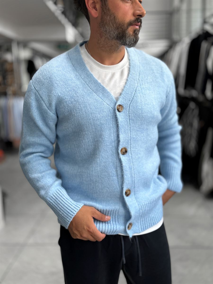 Light Blue V-Neck Button-Up Knit Sweatshirt MRK-2606