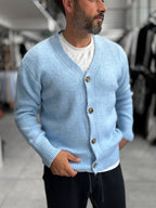 Light Blue V-Neck Button-Up Knit Sweatshirt MRK-2606