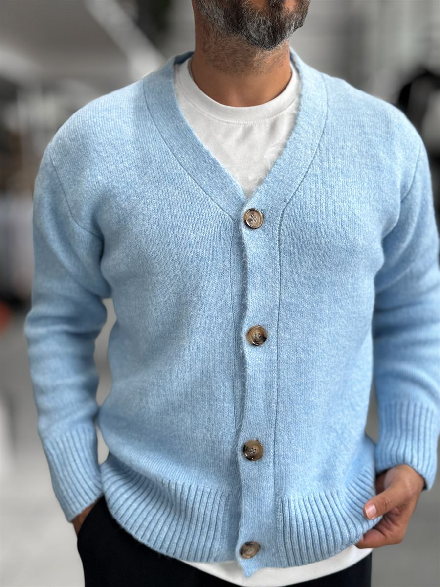Light Blue V-Neck Button-Up Knit Sweatshirt MRK-2606