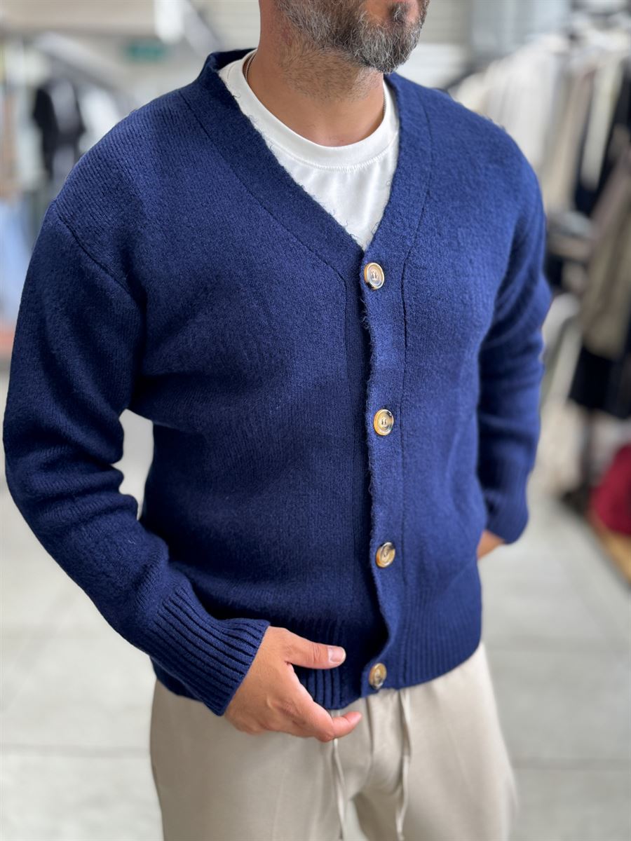 Navy V-Neck Button-Up Knit Sweatshirt MRK-2606