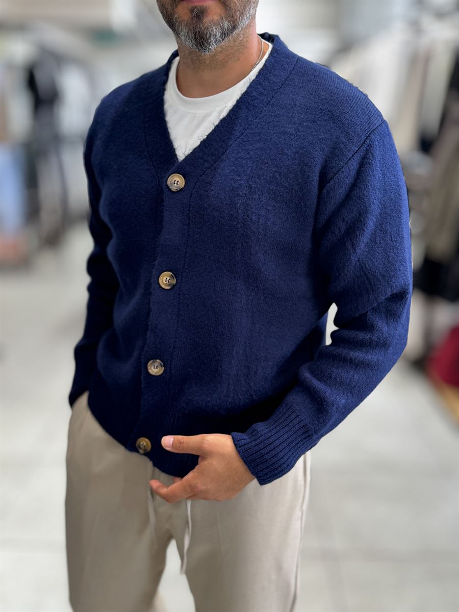 Navy V-Neck Button-Up Knit Sweatshirt MRK-2606