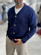 Navy V-Neck Button-Up Knit Sweatshirt MRK-2606