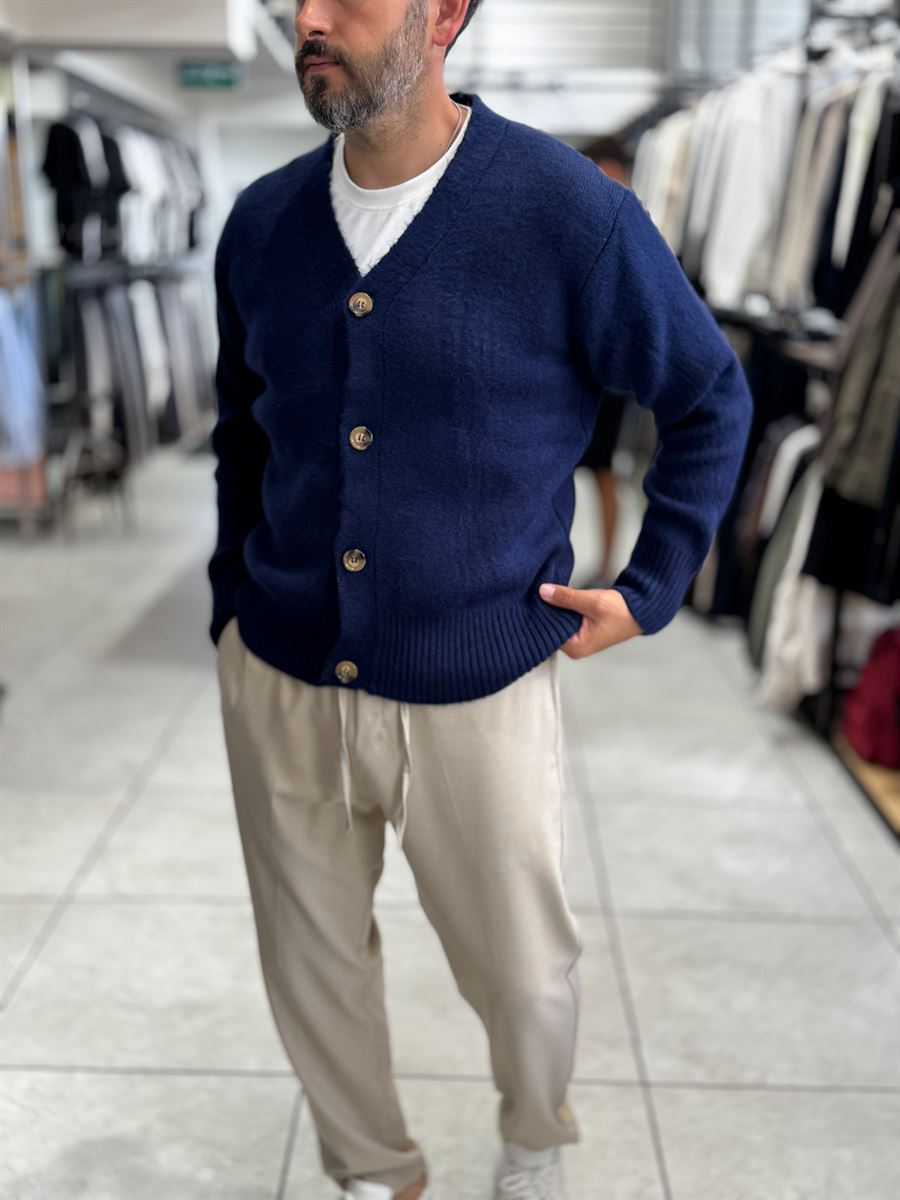 Navy V-Neck Button-Up Knit Sweatshirt MRK-2606