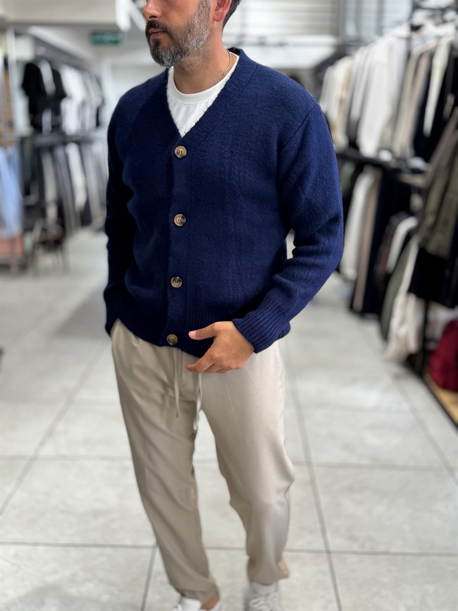 Navy V-Neck Button-Up Knit Sweatshirt MRK-2606