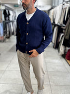 Navy V-Neck Button-Up Knit Sweatshirt MRK-2606