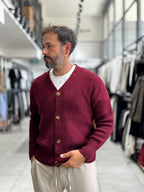 Burgundy V-Neck Button-Up Knit Sweatshirt MRK-2606