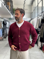 Burgundy V-Neck Button-Up Knit Sweatshirt MRK-2606