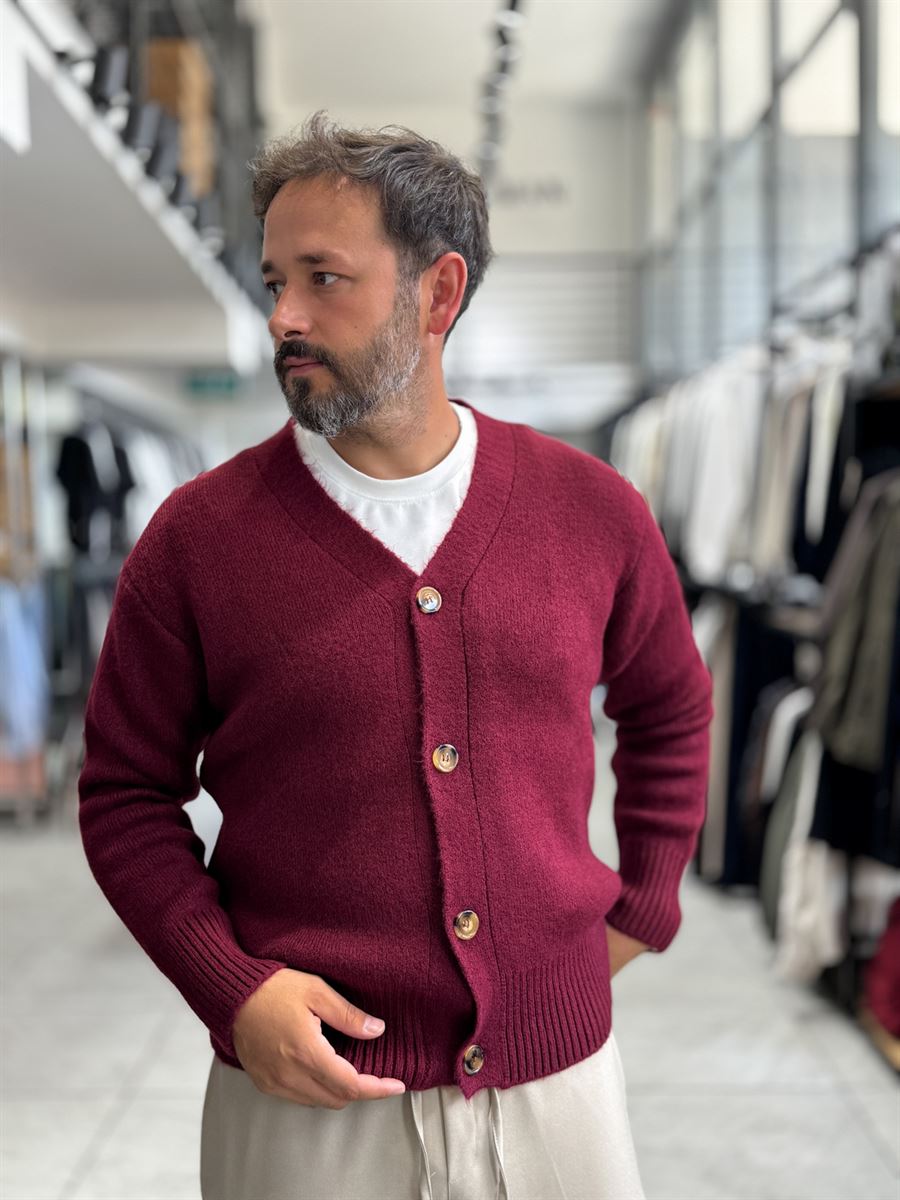 Burgundy V-Neck Button-Up Knit Sweatshirt MRK-2606