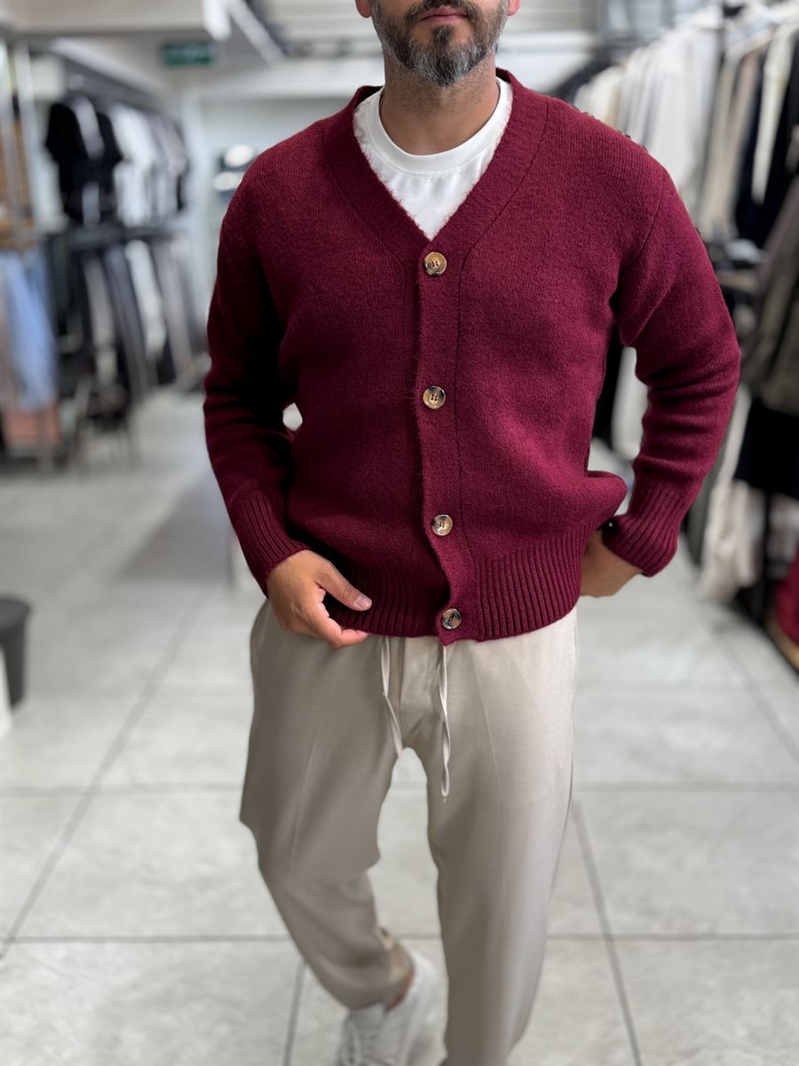Burgundy V-Neck Button-Up Knit Sweatshirt MRK-2606