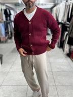 Burgundy V-Neck Button-Up Knit Sweatshirt MRK-2606