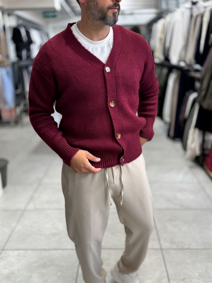 Burgundy V-Neck Button-Up Knit Sweatshirt MRK-2606