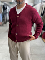 Burgundy V-Neck Button-Up Knit Sweatshirt MRK-2606