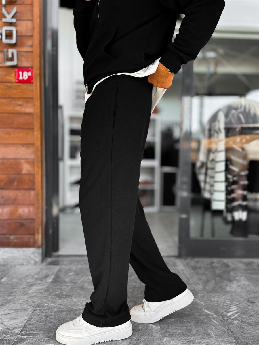 Black Waffle Fabric Basic Sweatpants MRK-2871