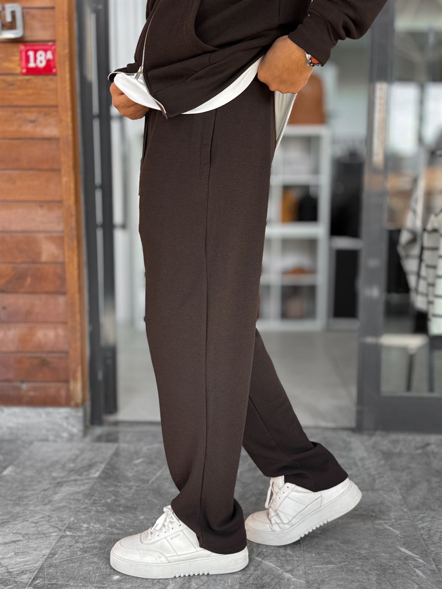 Brown Waffle Fabric Basic Sweatpants MRK-2871