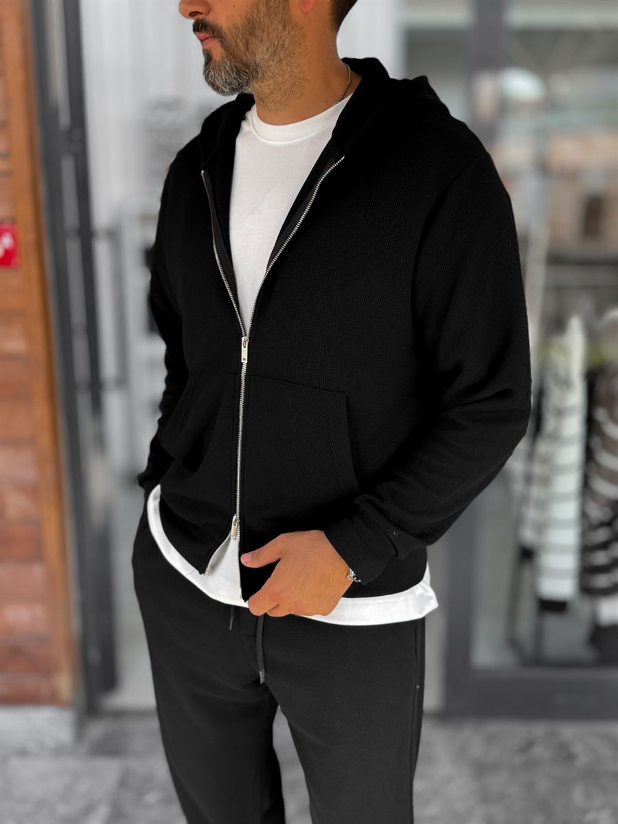 Black Waffle Fabric Zip-Up Sweatshirt MRK-2870
