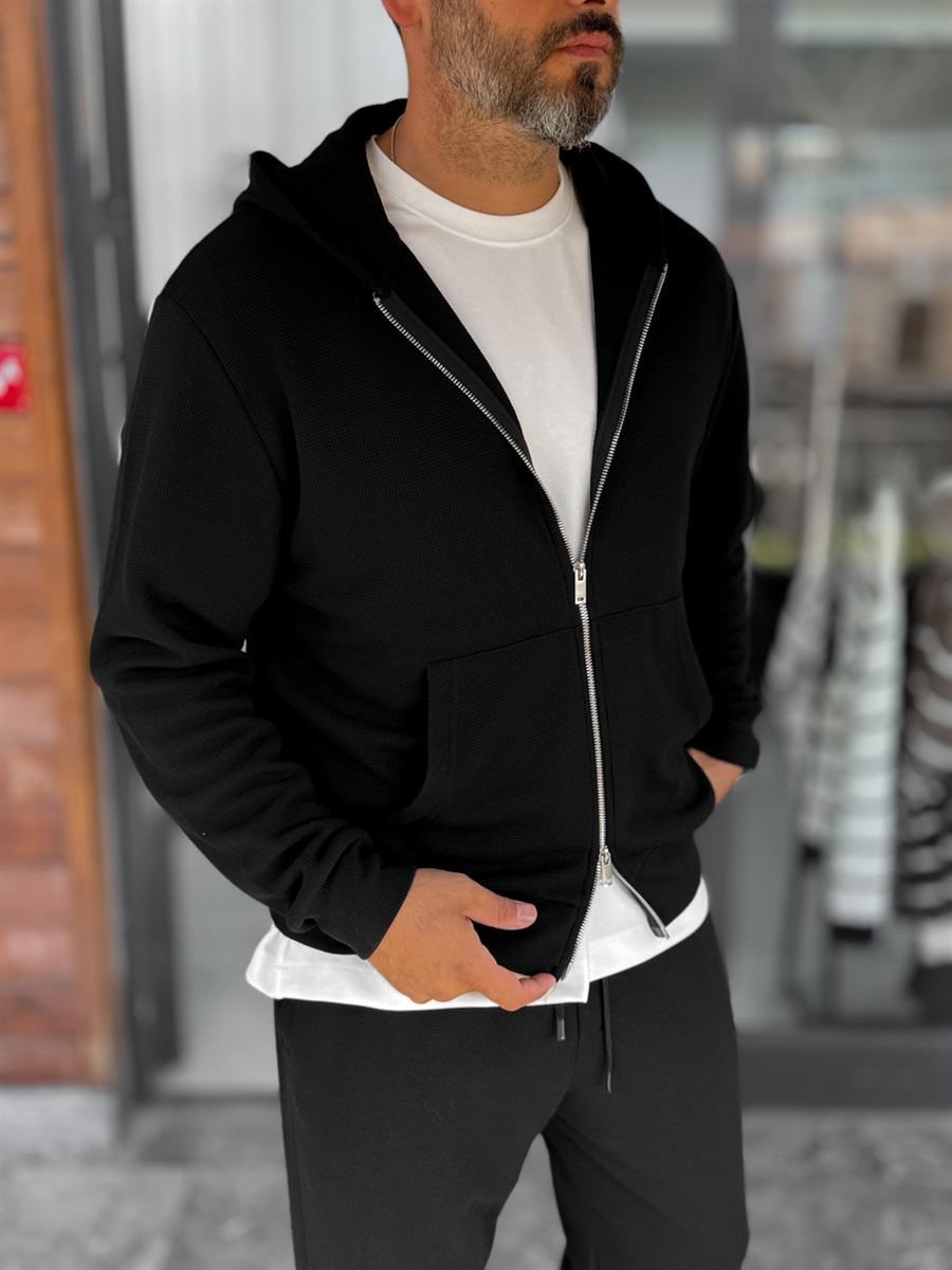 Black Waffle Fabric Zip-Up Sweatshirt MRK-2870