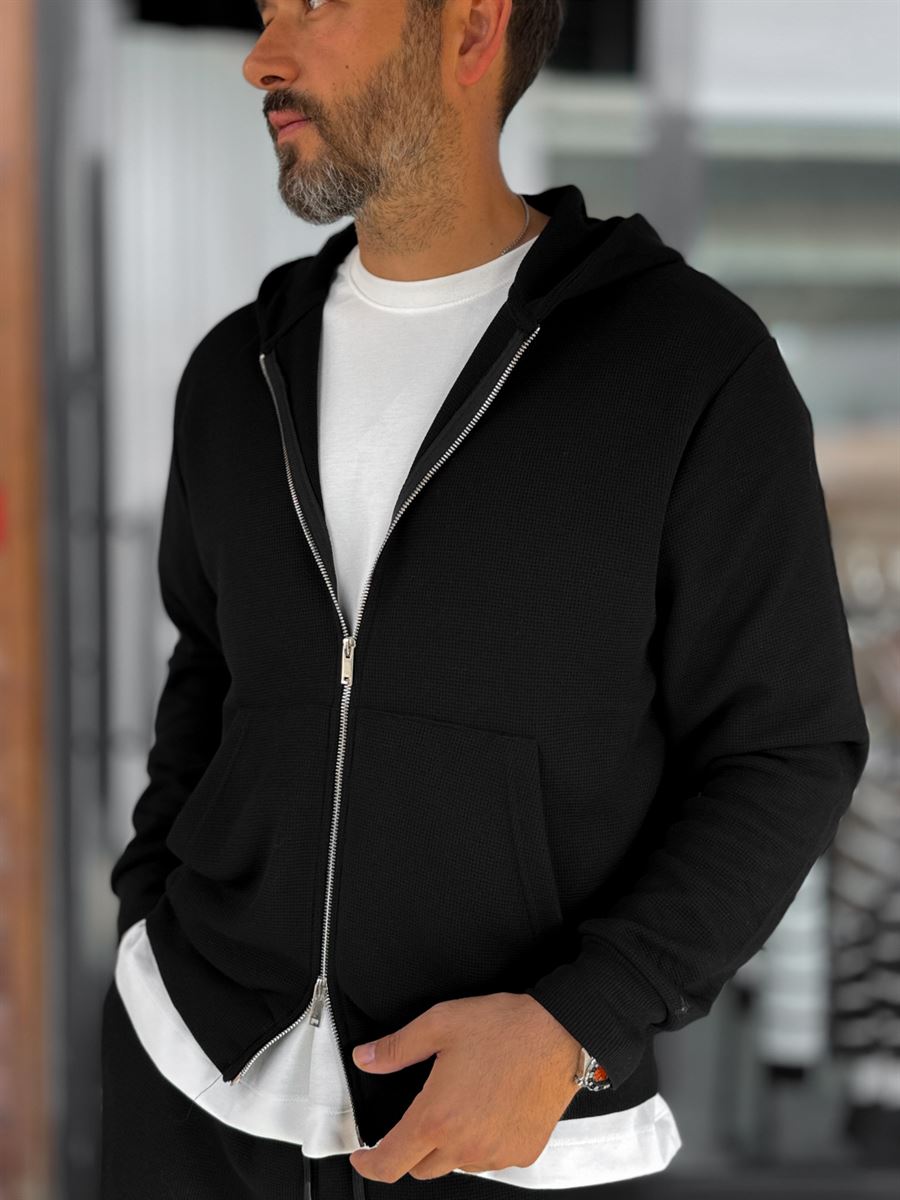 Black Waffle Fabric Zip-Up Sweatshirt MRK-2870