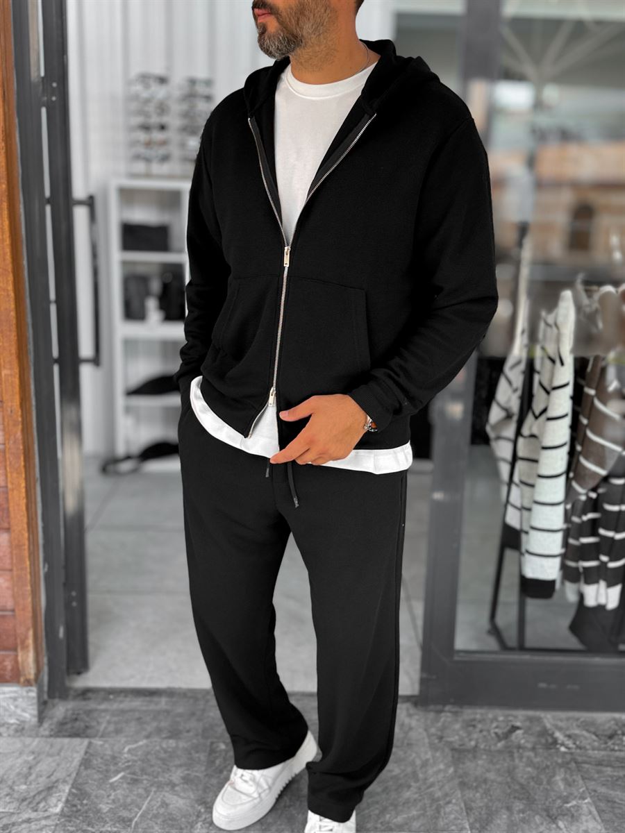 Black Waffle Fabric Zip-Up Sweatshirt MRK-2870
