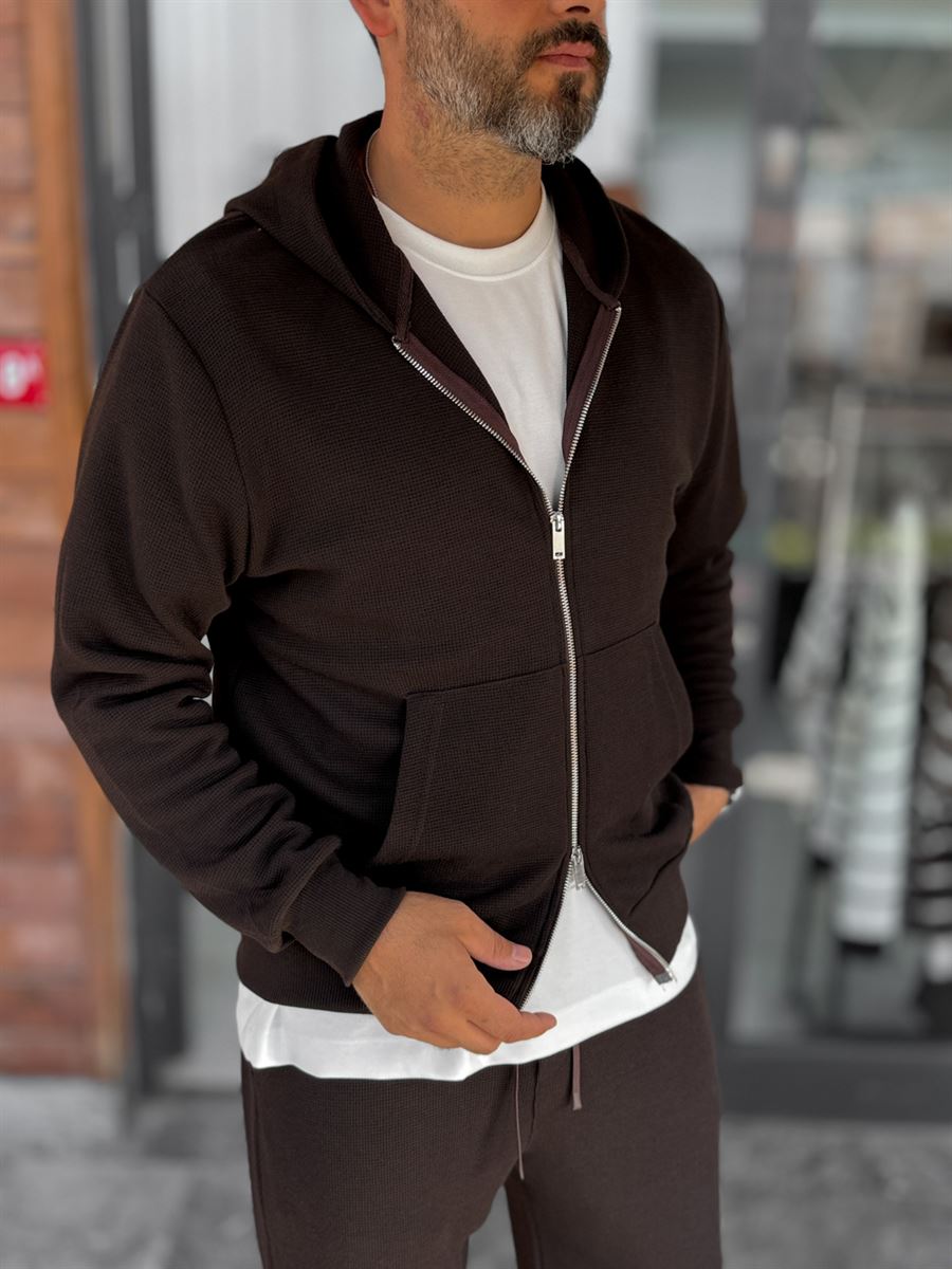 Brown Waffle Fabric Zip-Up Sweatshirt MRK-2870