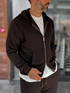 Brown Waffle Fabric Zip-Up Sweatshirt MRK-2870
