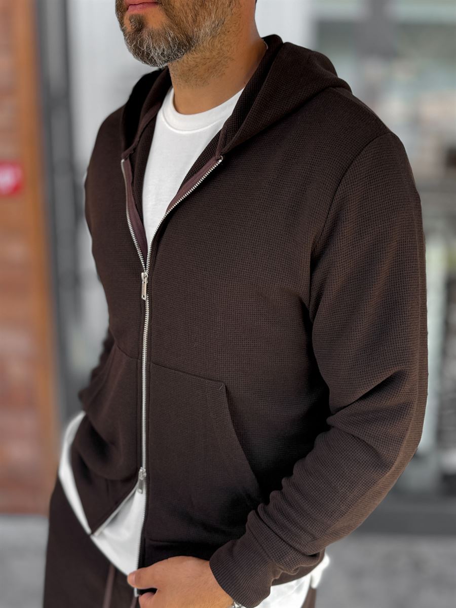 Brown Waffle Fabric Zip-Up Sweatshirt MRK-2870