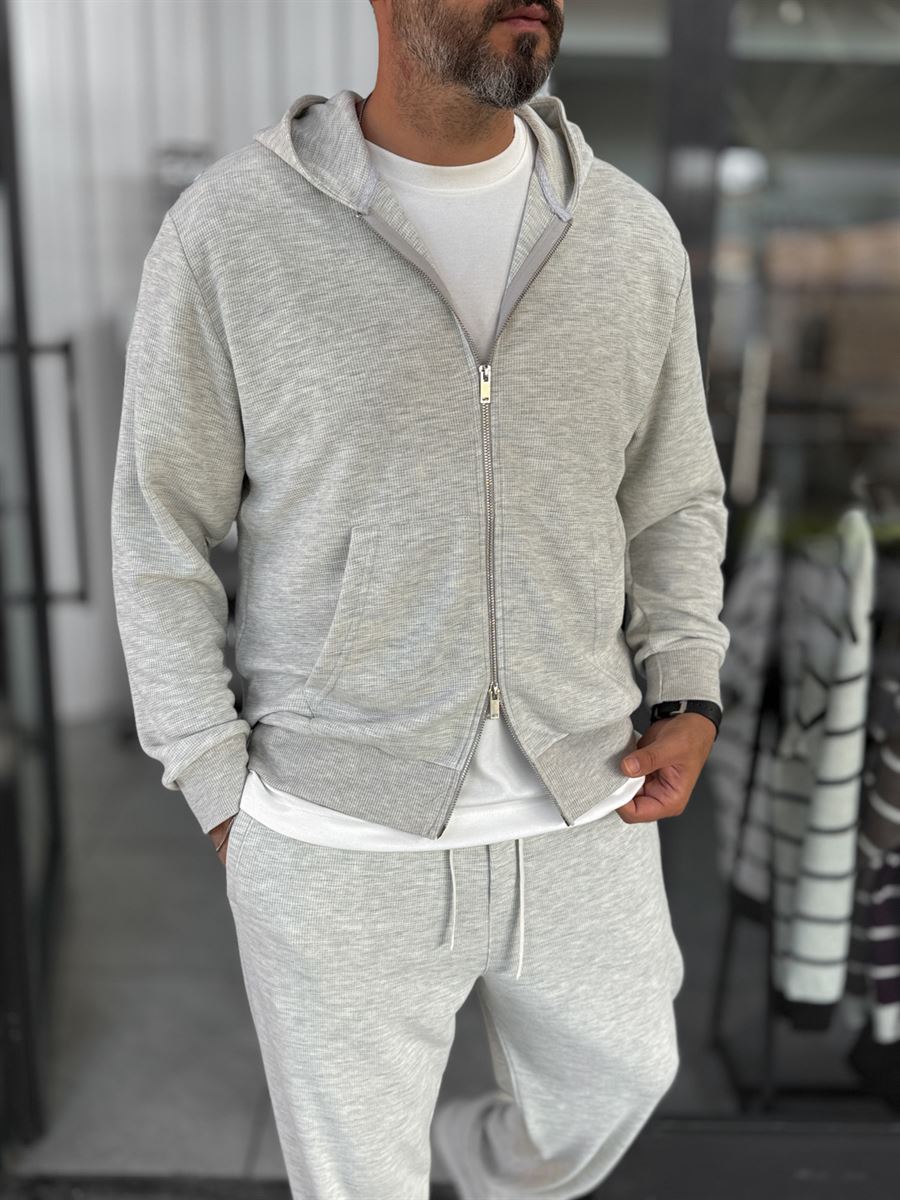 Light Gray Waffle Fabric Zip-Up Sweatshirt MRK-2870