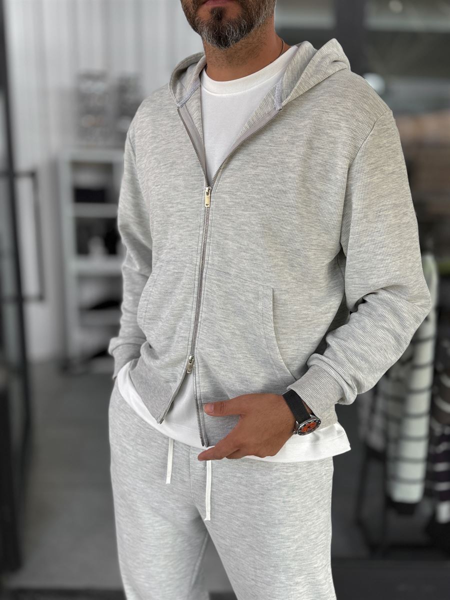 Light Gray Waffle Fabric Zip-Up Sweatshirt MRK-2870