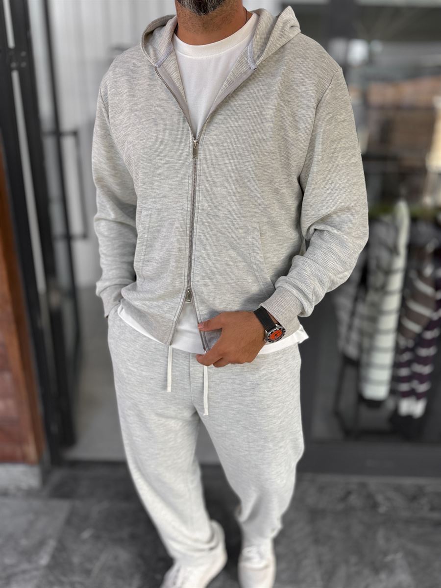 Light Gray Waffle Fabric Zip-Up Sweatshirt MRK-2870