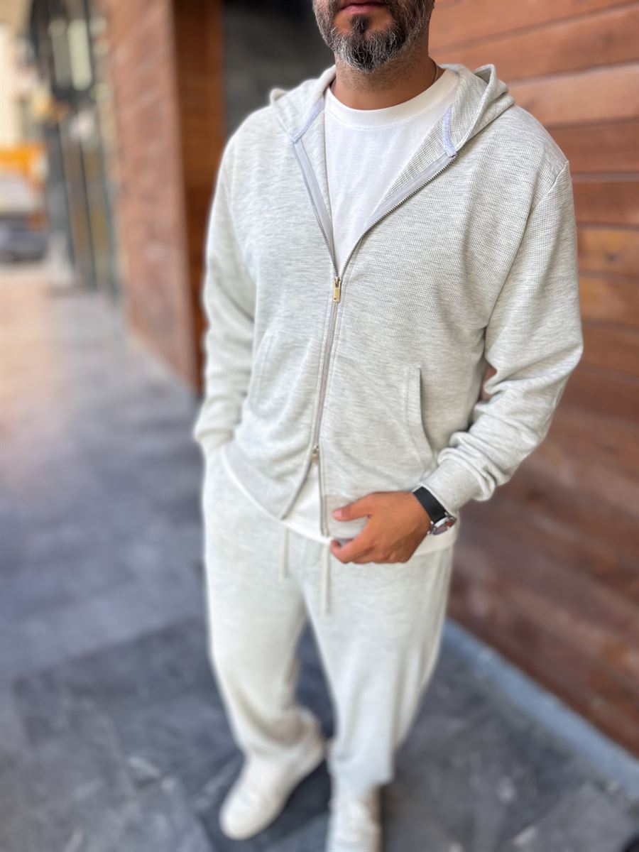 Light Gray Waffle Fabric Zip-Up Sweatshirt MRK-2870