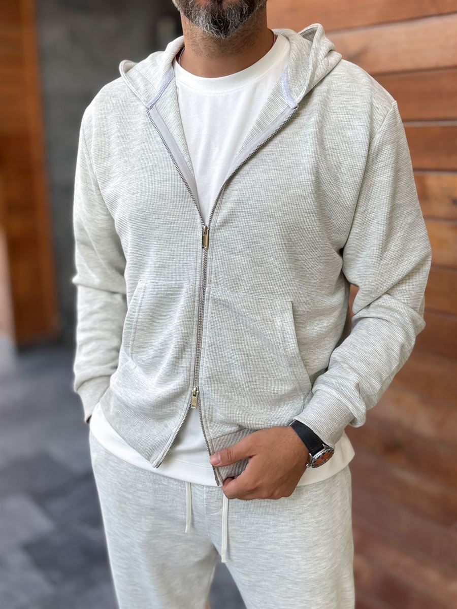 Light Gray Waffle Fabric Zip-Up Sweatshirt MRK-2870