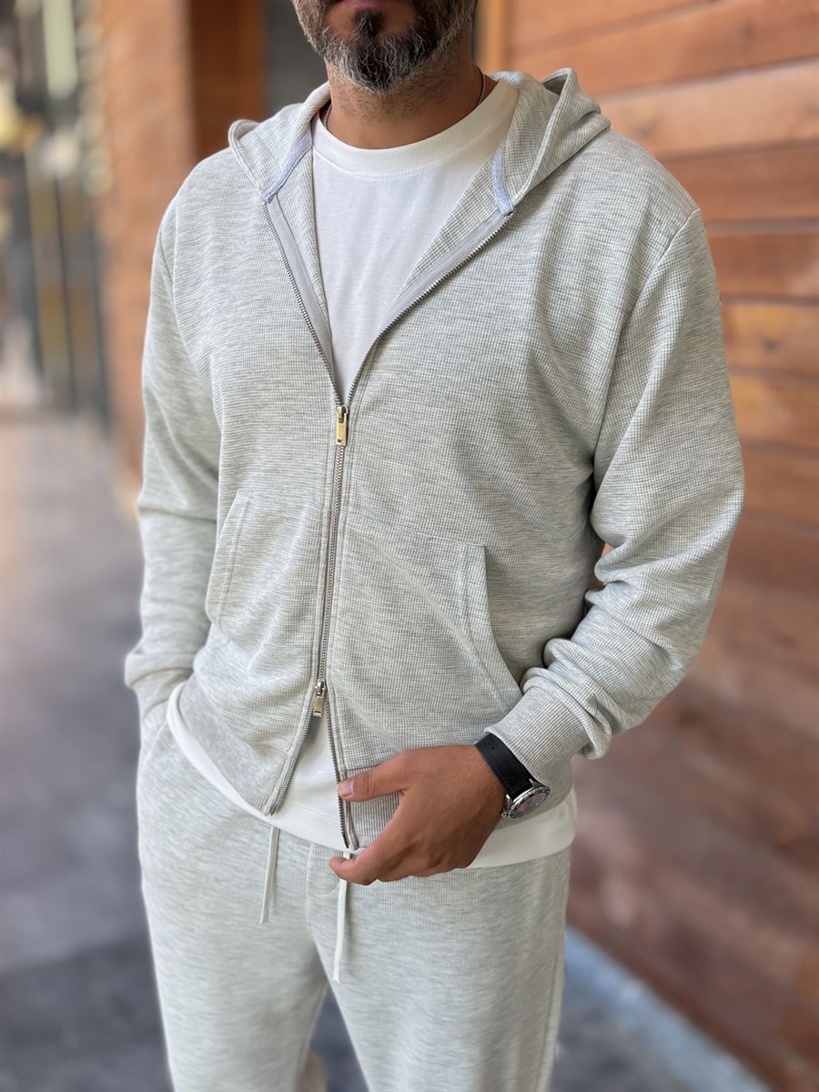 Light Gray Waffle Fabric Zip-Up Sweatshirt MRK-2870