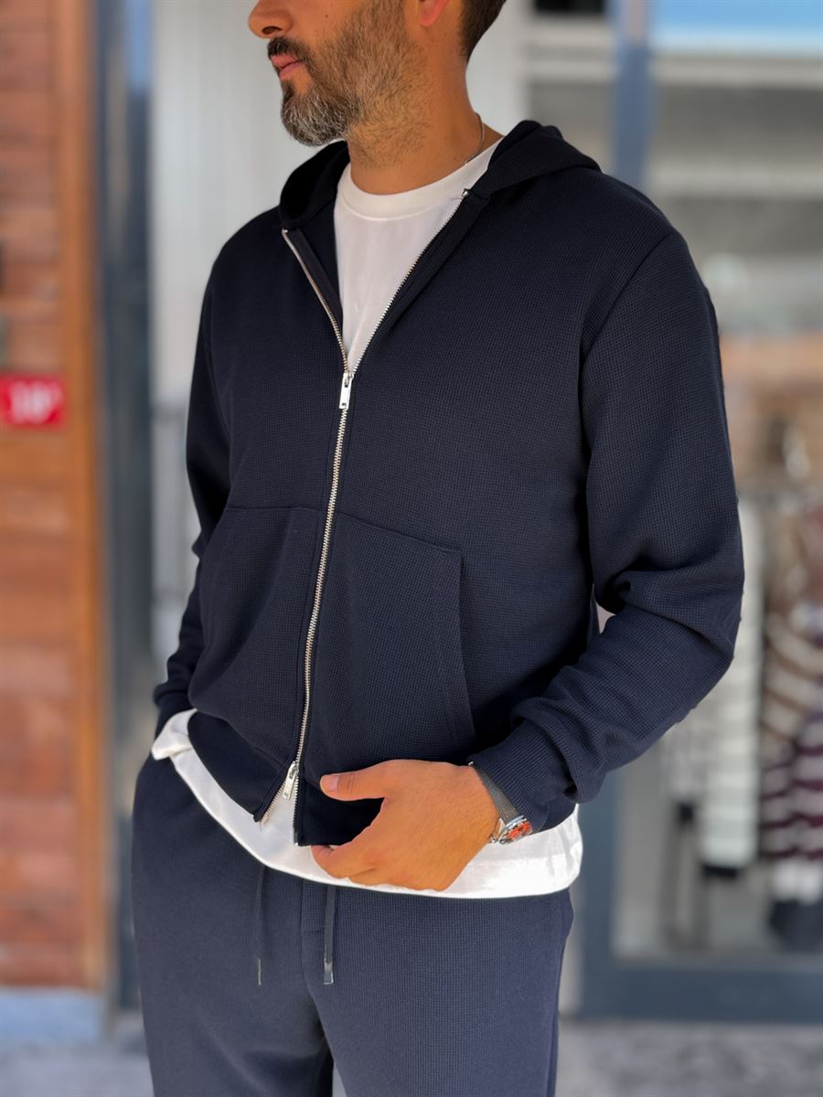 Navy Waffle Fabric Zip-Up Sweatshirt MRK-2870
