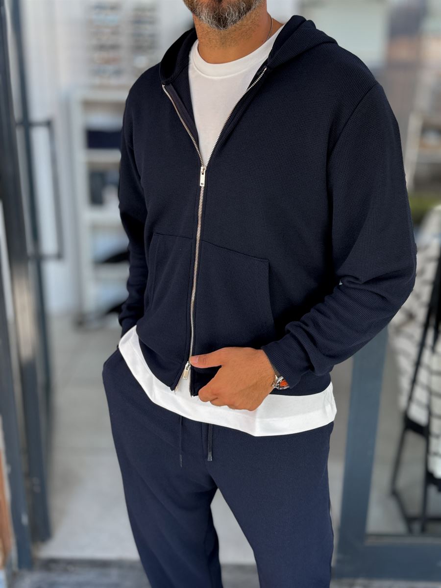Navy Waffle Fabric Zip-Up Sweatshirt MRK-2870