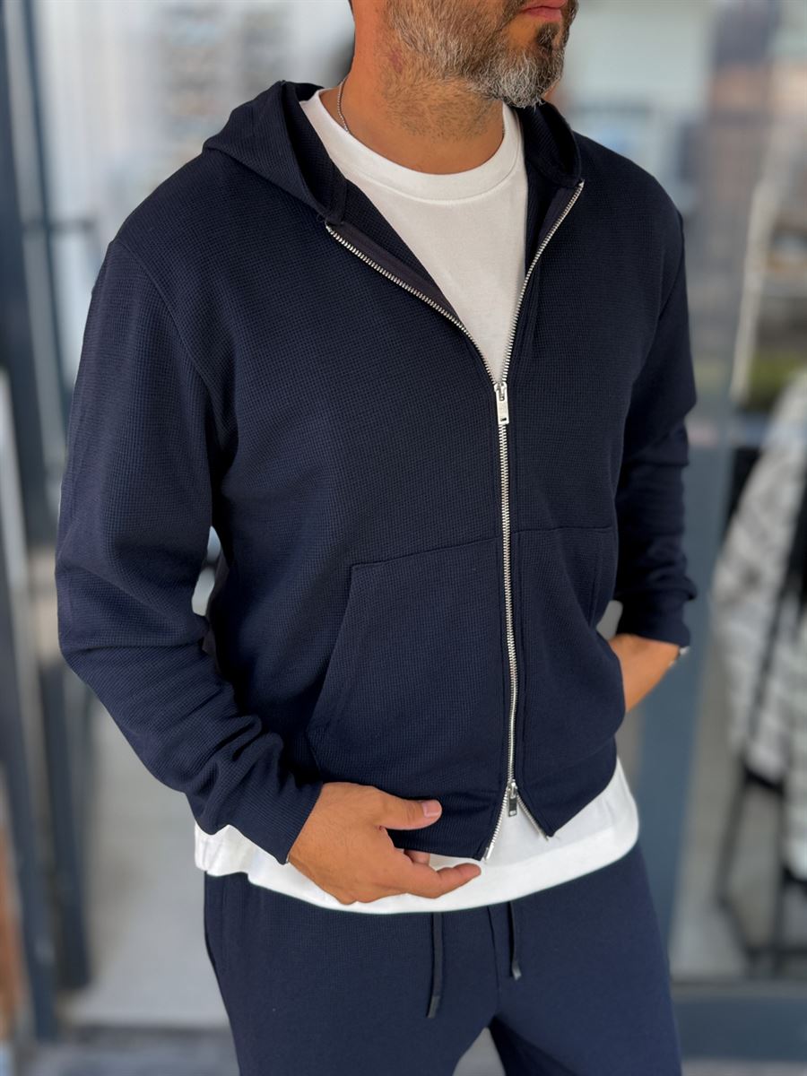 Navy Waffle Fabric Zip-Up Sweatshirt MRK-2870