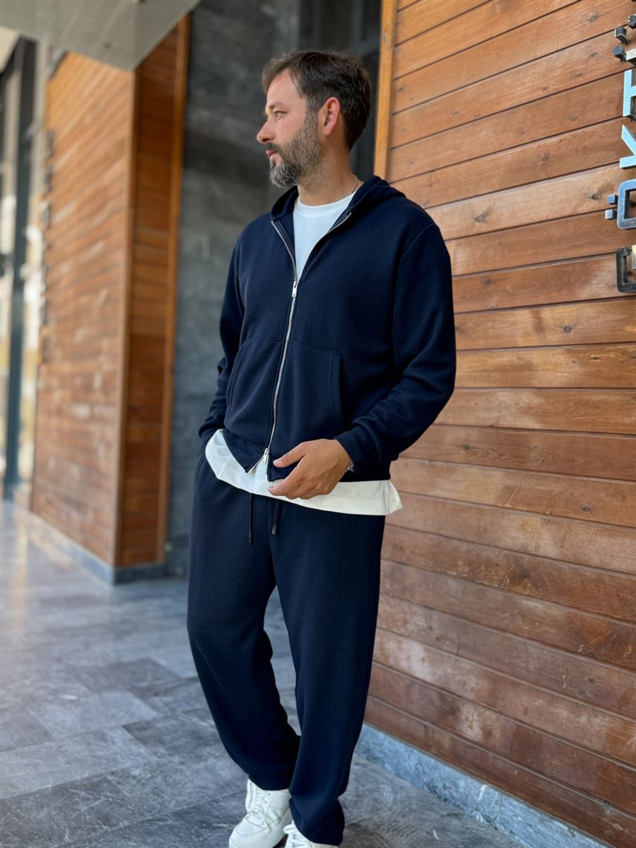 Navy Waffle Fabric Zip-Up Sweatshirt MRK-2870
