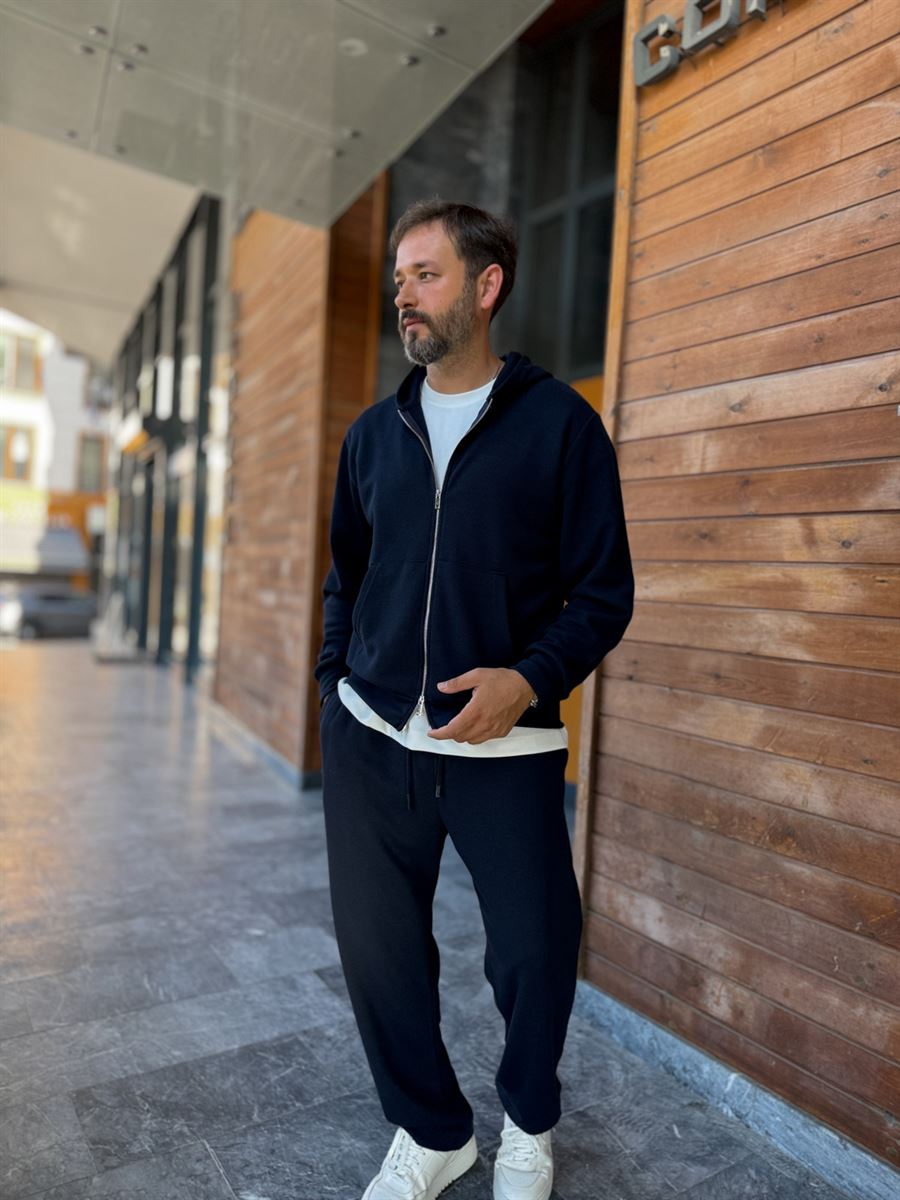 Navy Waffle Fabric Zip-Up Sweatshirt MRK-2870
