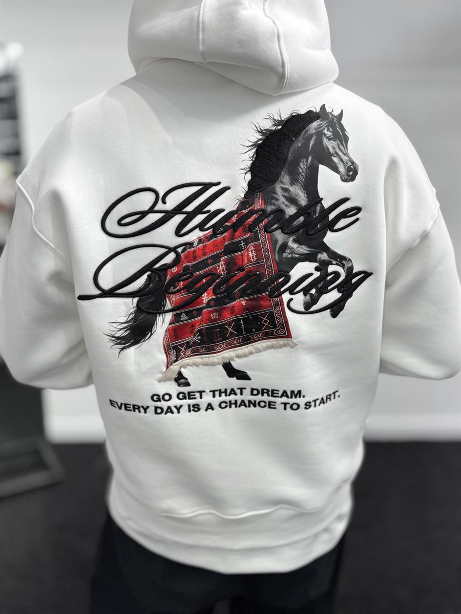 White Humble Embroidered Hooded Sweatshirt TW-7070