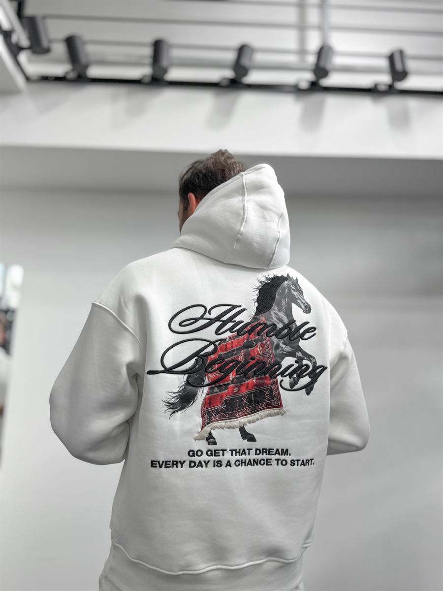 White Humble Embroidered Hooded Sweatshirt TW-7070