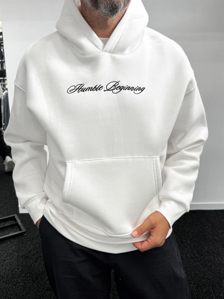 White Humble Embroidered Hooded Sweatshirt TW-7070