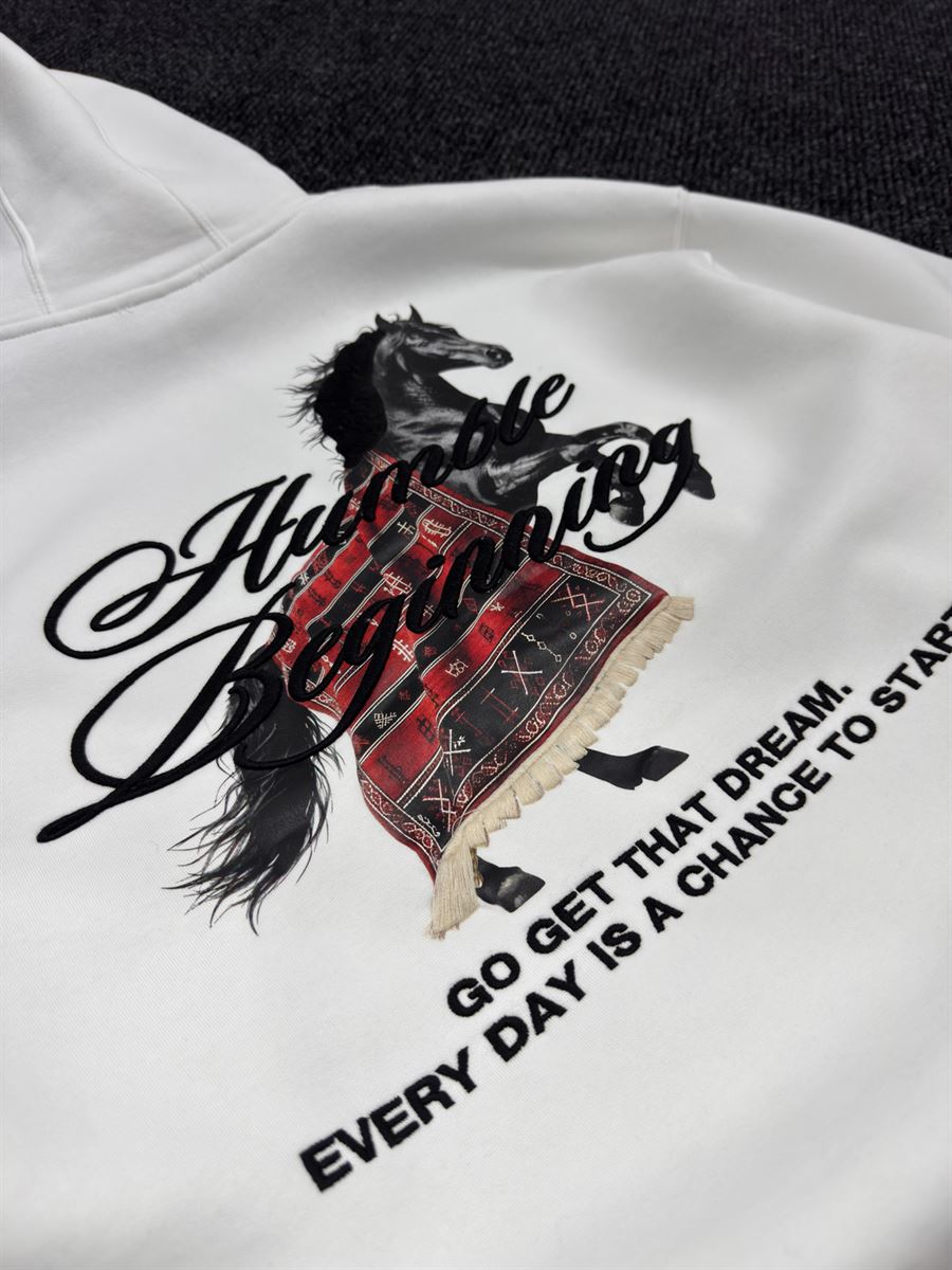 White Humble Embroidered Hooded Sweatshirt TW-7070