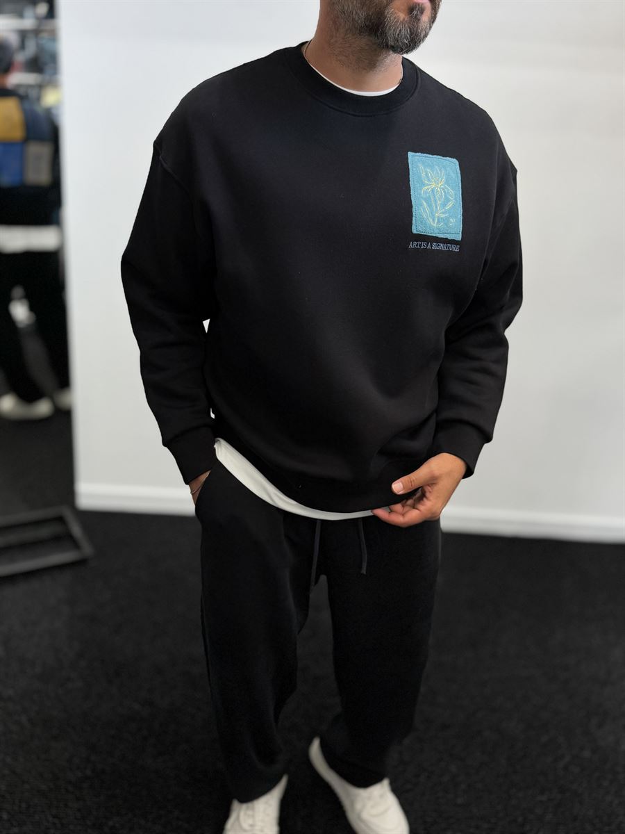 Black Embossed Flower Brushed Sweatshirt TW-7081