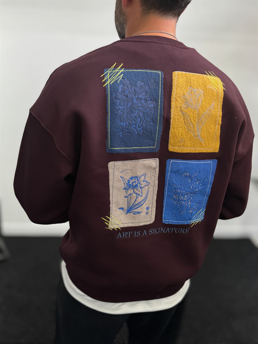 Burgundy Embossed Flower Brushed Sweatshirt TW-7081