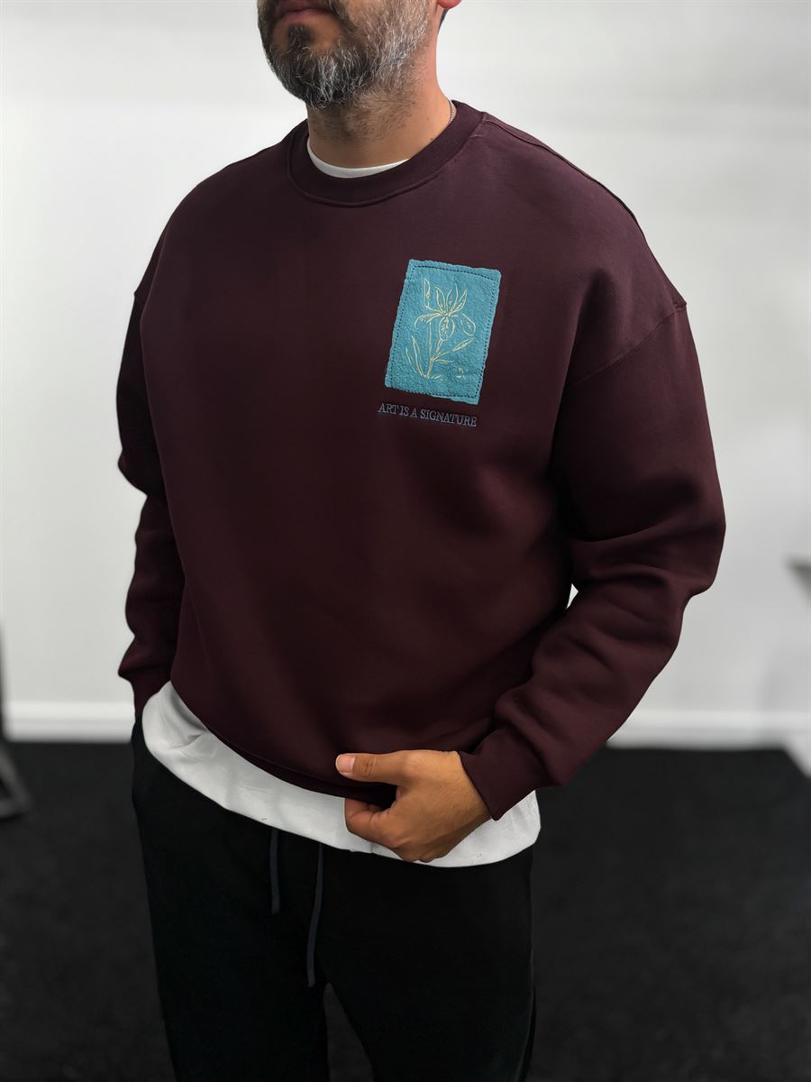 Burgundy Embossed Flower Brushed Sweatshirt TW-7081